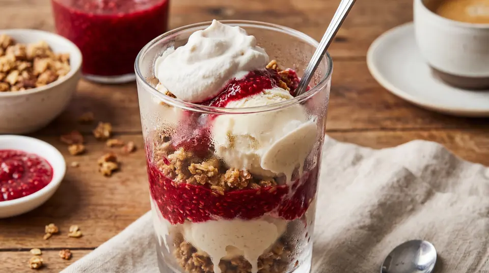 Nahaufnahme von frisch zubereitetem veganem Eis in einem Behälter