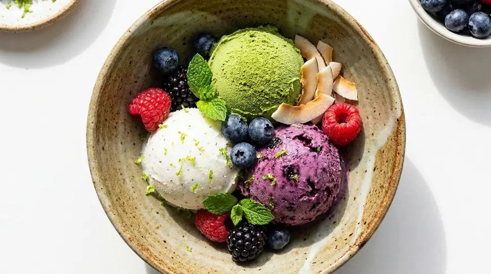 Detailaufnahme von cremigem veganem Eis in verschiedenen Sorten, appetitlich angerichtet in einer Eisdiele in Hannover.
